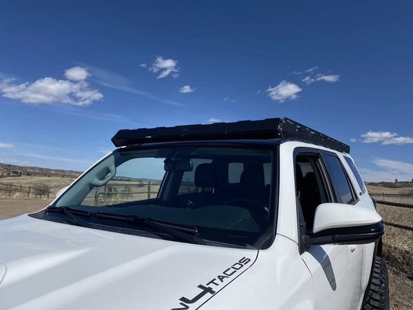 upTOP Overland Bravo Roof Rack for Toyota 4Runner lower view from drivers side at hood level